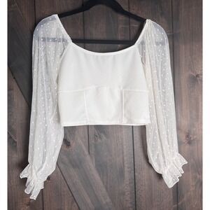 Evolutionary White Crop Top Sheer‎ Polka Dot Puff Sleeve Square Neck